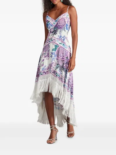 Tadashi Shoji Lua Floral Print Tassel Fringe Slip Dress In White Purple Floral