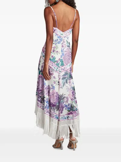Tadashi Shoji Lua Floral Print Tassel Fringe Slip Dress In White Purple Floral