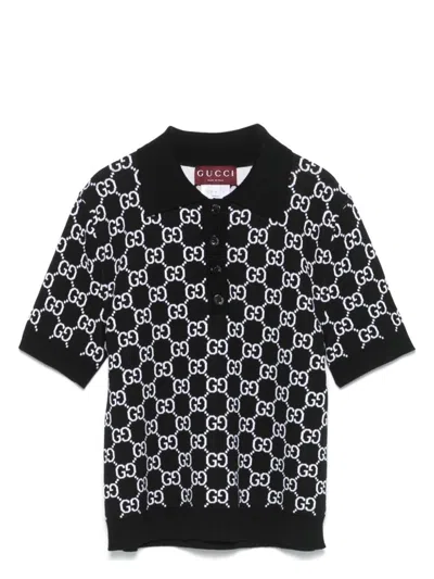 Gucci Women Black Polo Shirt With Ribbed Trims In Gg Canvas Woman In Black
