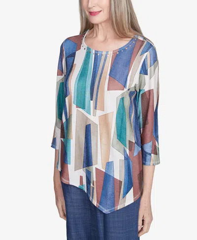 Alfred Dunner Plus Size Summer Solstice Abstract Stained Glass Crew Neck Top In Multi