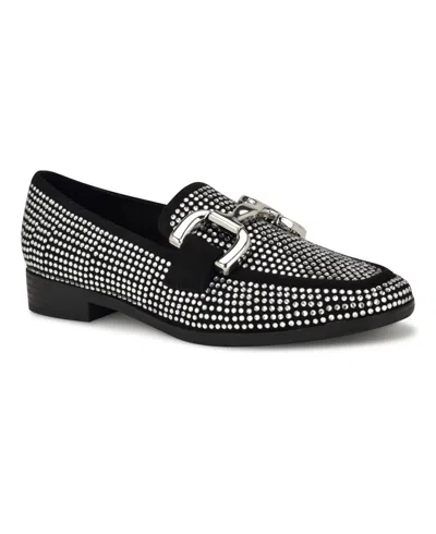 Nine West Womens Jeweled Textured Loafers In Black Studded