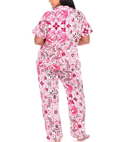 White Mark Plus Size Short Sleeve Pants Tropical Pajama Set, 2-piece In White,pink