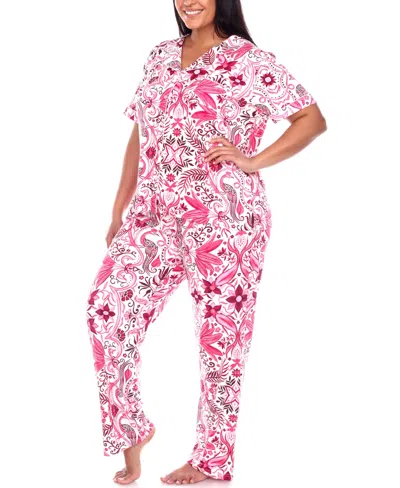 White Mark Plus Size Short Sleeve Pants Tropical Pajama Set, 2-piece In White,pink