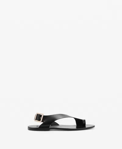 Mango Leather Sandals With Cross Strap Black In Black
