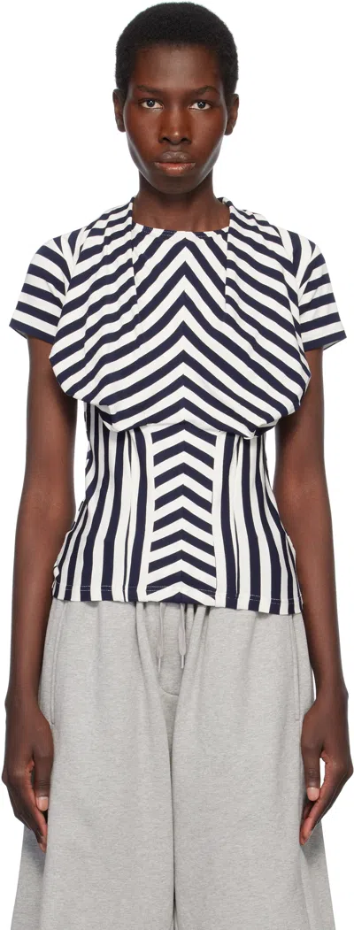Pushbutton Striped Pleated T-shirt In Navy Stripe