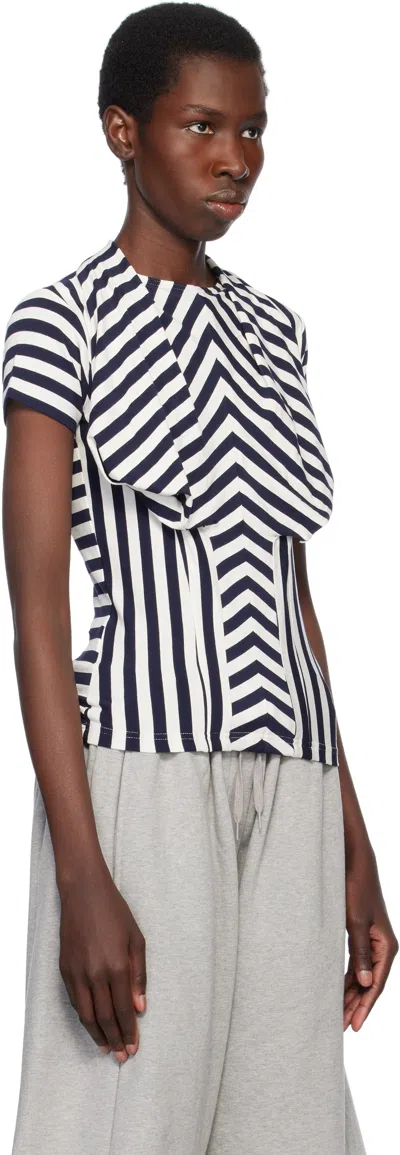Pushbutton Striped Pleated T-shirt In Navy Stripe