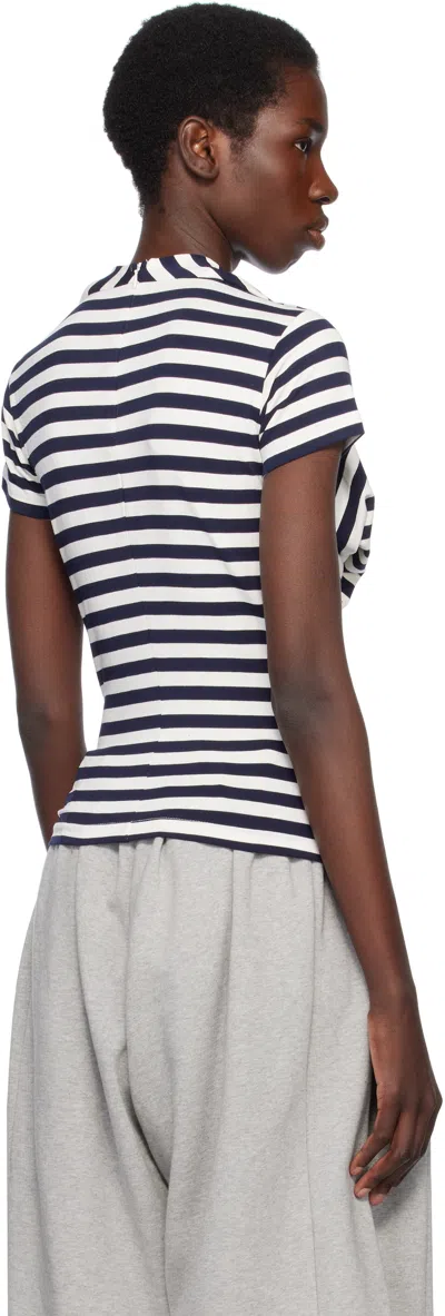 Pushbutton Striped Pleated T-shirt In Navy Stripe