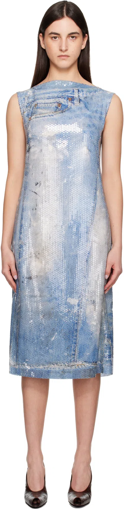 Acne Studios Blue Printed Sequin Midi Dress In Auz Mid Blue
