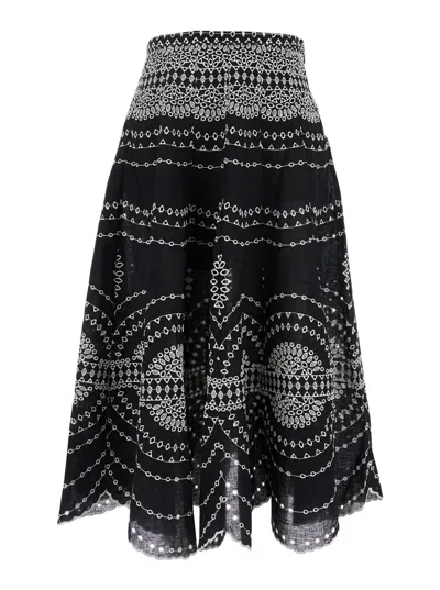 Charo Ruiz 'livvy' Black Midi Skirt With Scallop Hem And All-over Embroidery In Cotton Nad Linen Blend Woman In Black