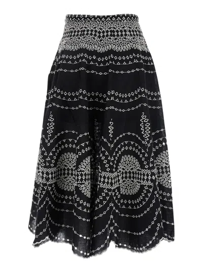 Charo Ruiz 'livvy' Black Midi Skirt With Scallop Hem And All-over Embroidery In Cotton Nad Linen Blend Woman In Black