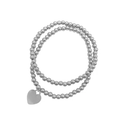 Adornia Tarnish Resistant Silver Plated Set Of Ball Bracelets With Heart In Silver