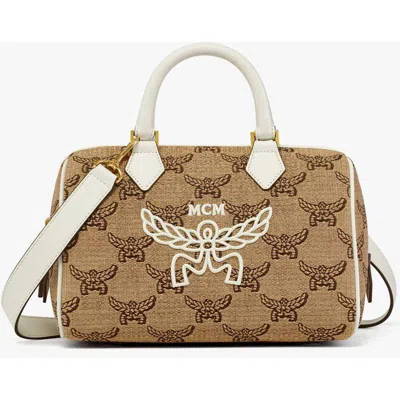 Mcm Ella Boston Bag In Lauretos Raffia Jacquard In Beige