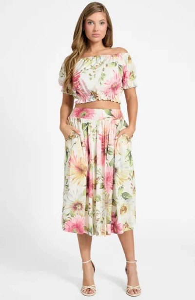 Guess Elodie Cropped Top Matching Midi Skirt In Painted Daisies Print