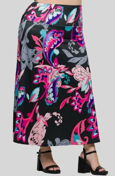 24seven Comfort Apparel Plus Size Elastic Waist A-line Maxi Skirt In Pink Multi