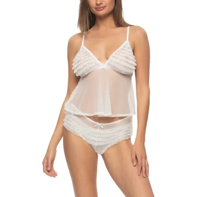 Black Bow Veil Ruffle Mesh Camisole & Briefs Set In Cloud Dancer