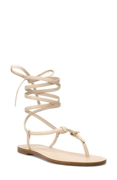 Stuart Weitzman Georgie Leather Ankle-wrap Flat Sandals In Barely Beige