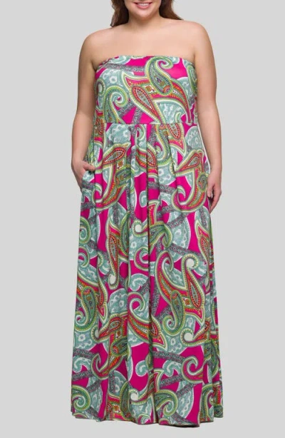 24seven Comfort Apparel Women's Pink Paisley A Line Strapless Maxi Dress With Pockets In Multi