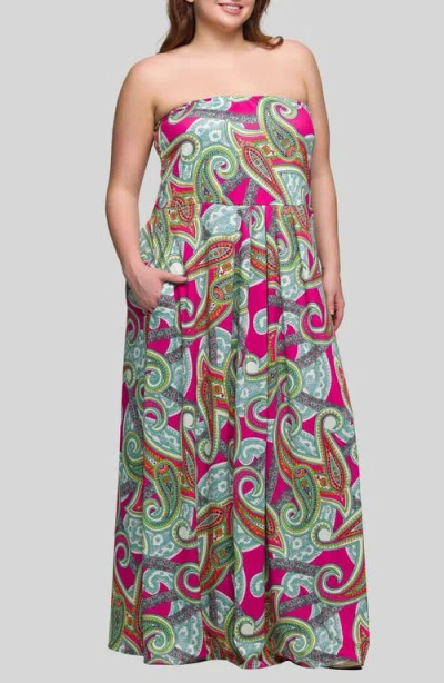 24seven Comfort Apparel Women's Pink Paisley A Line Strapless Maxi Dress With Pockets In Multi