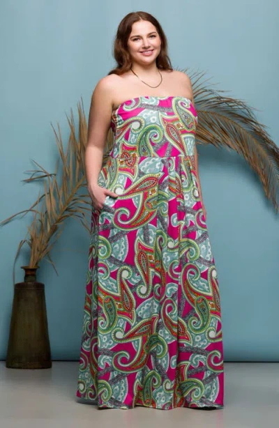 24seven Comfort Apparel Women's Pink Paisley A Line Strapless Maxi Dress With Pockets In Multi