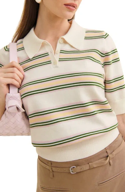 Reformation Campbell Cotton Polo Sweater In Fior Di Latte Multi Stripe