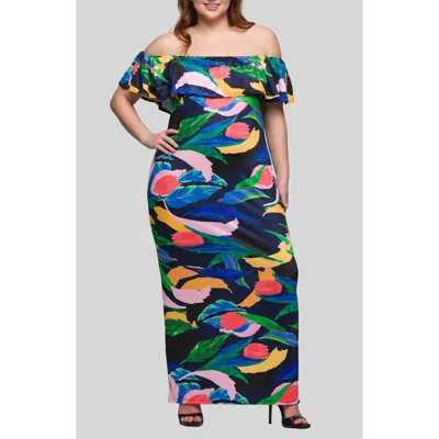 24seven Comfort Apparel Plus Size Off Shoulder Print Side Slit Maxi Dress In Green Multi