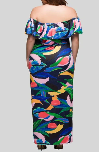 24seven Comfort Apparel Plus Size Off Shoulder Print Side Slit Maxi Dress In Green Multi