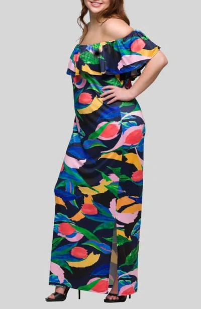 24seven Comfort Apparel Plus Size Off Shoulder Print Side Slit Maxi Dress In Green Multi