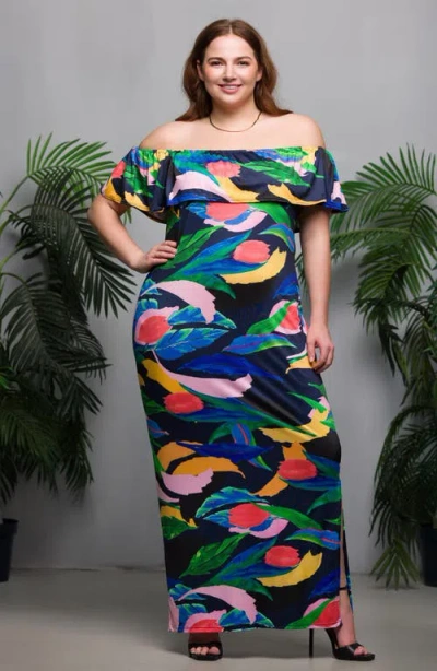 24seven Comfort Apparel Plus Size Off Shoulder Print Side Slit Maxi Dress In Green Multi