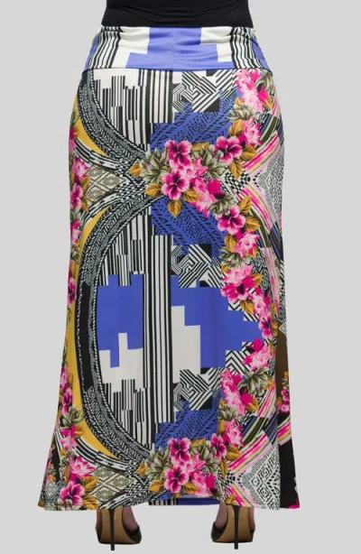 24seven Comfort Apparel Print Foldover Waist Maxi Skirt In Blue