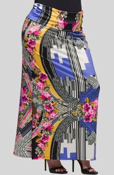 24seven Comfort Apparel Print Foldover Waist Maxi Skirt In Blue