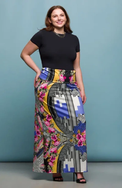 24seven Comfort Apparel Print Foldover Waist Maxi Skirt In Blue