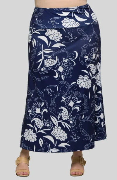 24seven Comfort Apparel Plus Size Elastic Waist A-line Maxi Skirt In Navy Multi