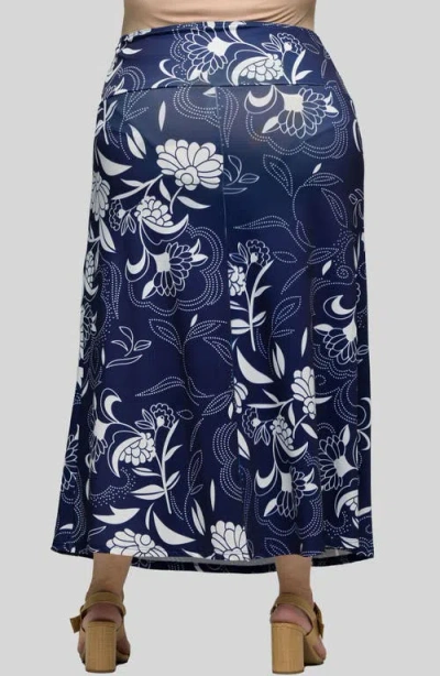 24seven Comfort Apparel Plus Size Elastic Waist A-line Maxi Skirt In Navy Multi