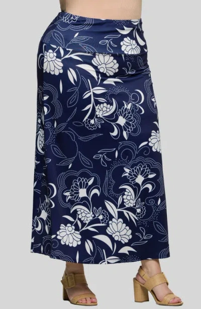 24seven Comfort Apparel Plus Size Elastic Waist A-line Maxi Skirt In Navy Multi