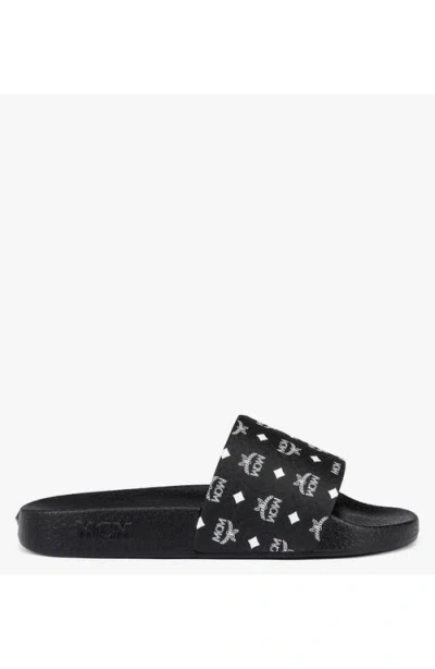 Mcm Monogram Print Rubber Slides In Black