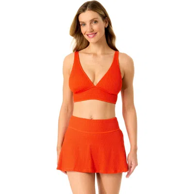Anne Cole Live In Color Textured Shirred Soft Band Bralette Bikini Swim Top In Paprika Flame