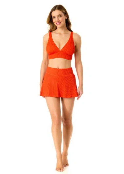 Anne Cole Live In Color Textured Shirred Soft Band Bralette Bikini Swim Top In Paprika Flame