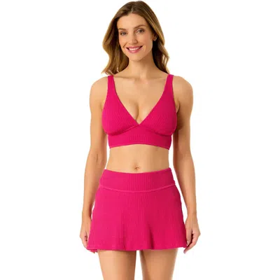 Anne Cole Live In Color Textured Shirred Soft Band Bralette Bikini Swim Top In Fandango Pink