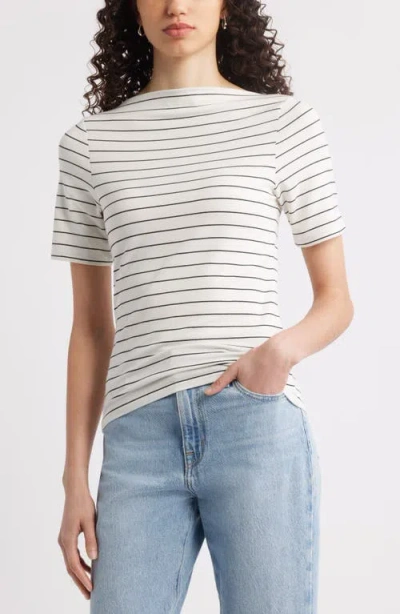 Nordstrom Boat Neck T-shirt In Ivory- Black Cynth Stripe