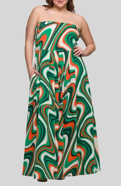 24seven Comfort Apparel Women's Green Print A Line Strapless Maxi Dress With Pockets In Green