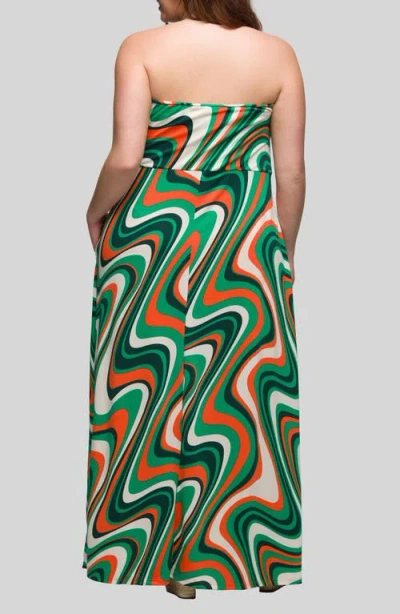 24seven Comfort Apparel Women's Green Print A Line Strapless Maxi Dress With Pockets In Green