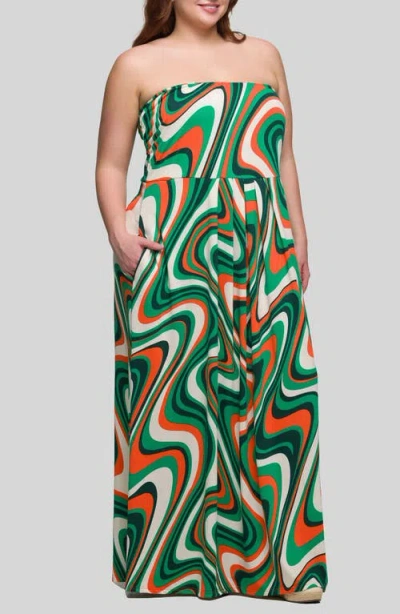 24seven Comfort Apparel Women's Green Print A Line Strapless Maxi Dress With Pockets In Green