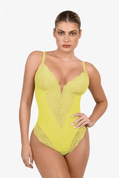 Popilush Shapewear Lace Deep V-neck Sculpting Thong Bodysuit In Lemon
