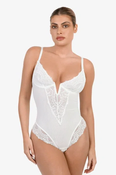 Popilush Shapewear Lace Deep V-neck Sculpting Thong Bodysuit In White