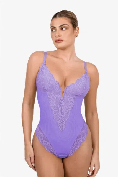Popilush Shapewear Lace Deep V-neck Sculpting Thong Bodysuit In Wisteria
