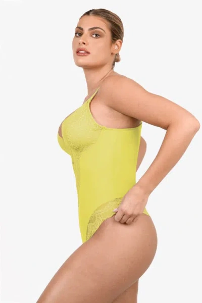 Popilush Shapewear Lace Deep V-neck Sculpting Thong Bodysuit In Lemon