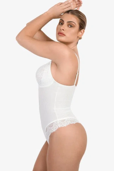 Popilush Shapewear Lace Deep V-neck Sculpting Thong Bodysuit In White