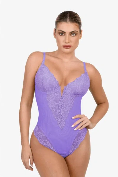 Popilush Shapewear Lace Deep V-neck Sculpting Thong Bodysuit In Wisteria