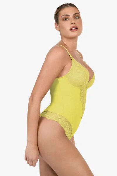Popilush Shapewear Lace Deep V-neck Sculpting Thong Bodysuit In Lemon