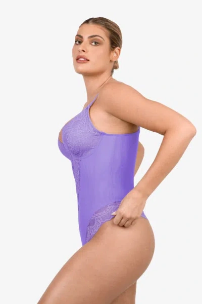 Popilush Shapewear Lace Deep V-neck Sculpting Thong Bodysuit In Wisteria